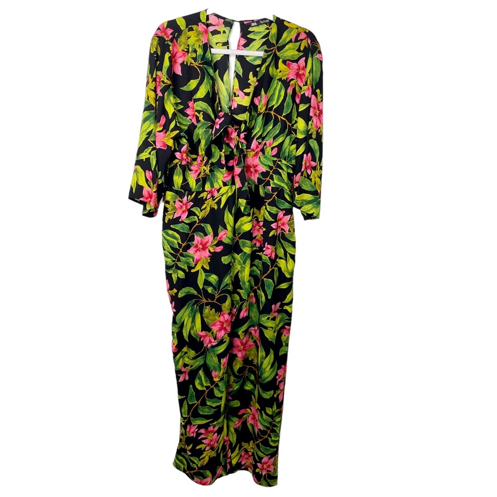 ZARA Tropical Print Jumpsuit Black,  Green, Pink Hibiscus - Picture 6 of 13